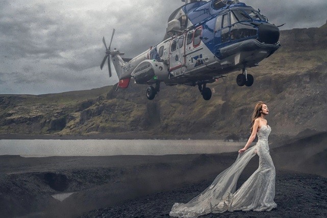 Helicóptero de resgate dá susto em noiva que posava para fotos