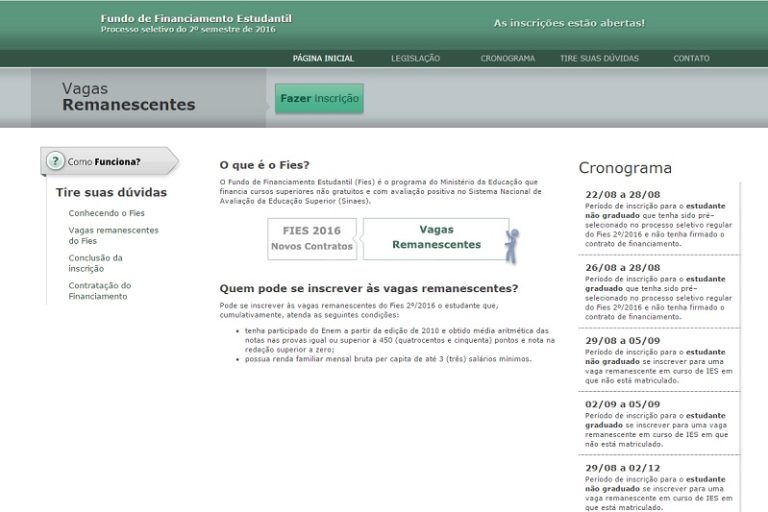 Estudantes já podem se inscrever às vagas remanescentes do Fies