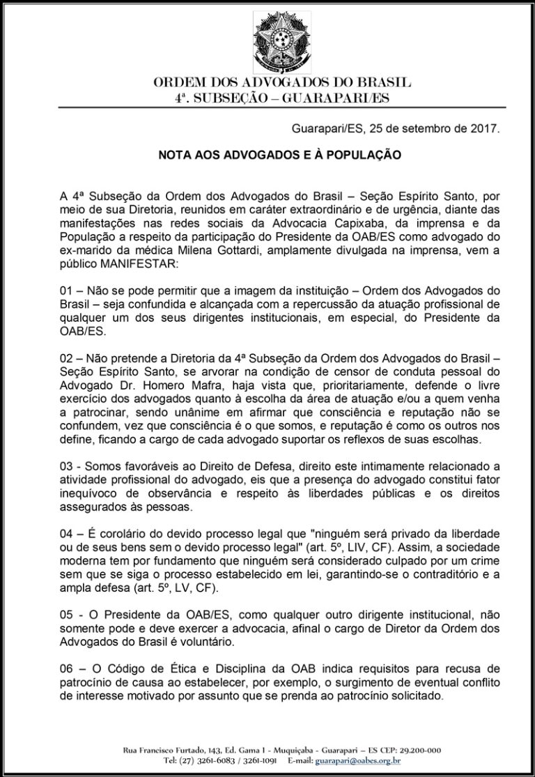 Subseção da OAB/ES pede esclarecimento sobre caso Milena Gottardi
