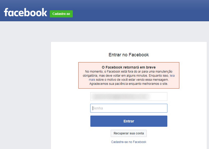 Facebook fora do ar para “manutenção obrigatória”