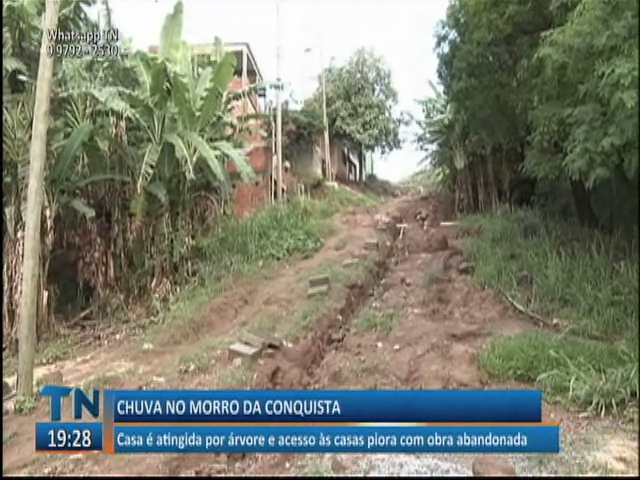 Casa é atingida por árvore e acesso às casas piora com obra abandonada no Morro da Conquista