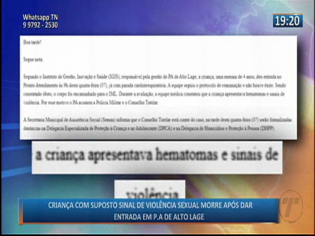 Criança com suposto sinal de violência sexual morre após dar entrada em P.A de Alto Laje