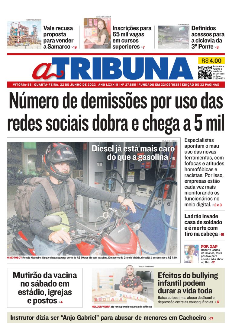 Confira a capa do Jornal A Tribuna desta quarta-feira
