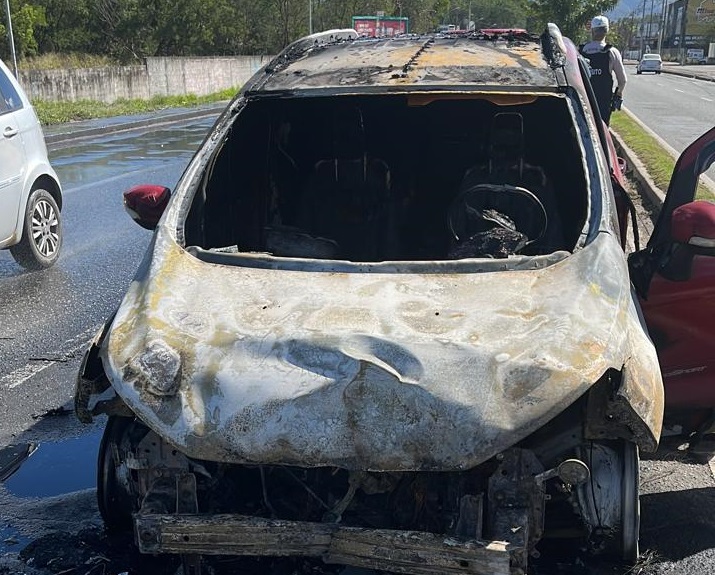 Carro pega fogo ao se envolver em acidente em avenida de Vitória
