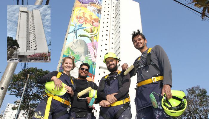 Artistas dão show ao pintar mural de 70 metros