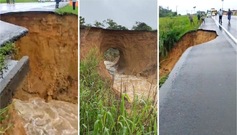 VÍDEO| BR-101 totalmente interditada em Linhares por causa de cratera na rodovia