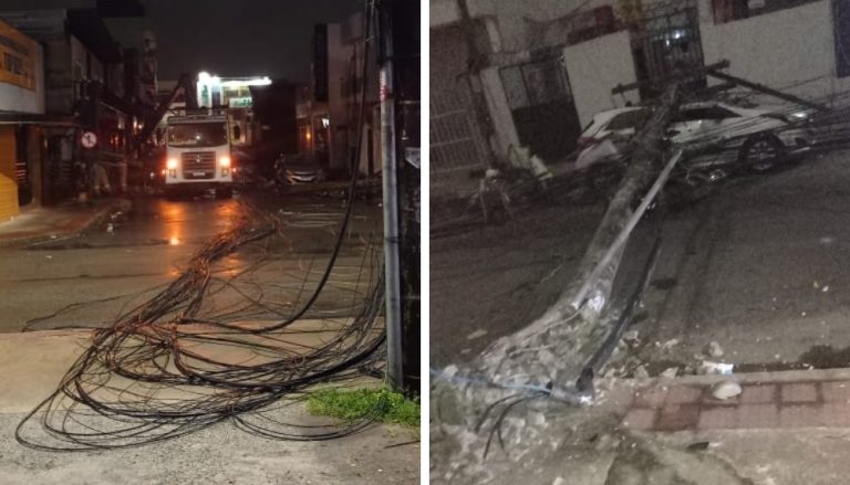 Caminhão derruba três postes e deixa moradores sem energia na Serra
