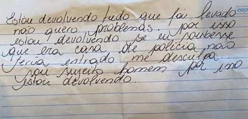 Ladrão devolve objetos furtados na casa de delegado e deixa bilhete de desculpas