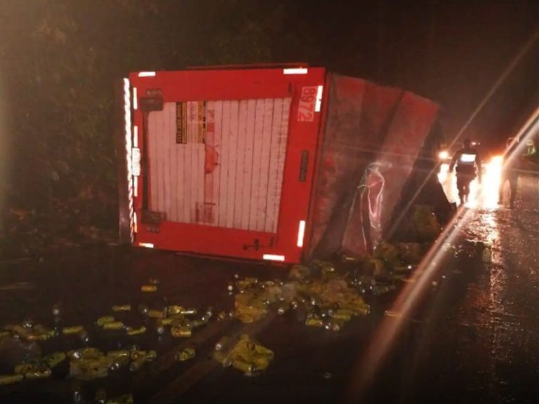 Caminhão de bebidas tomba e interdita rodovia no ES