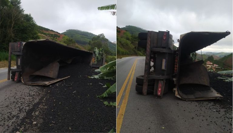 Caminhão tomba na BR-262 no ES e pista fica interditada