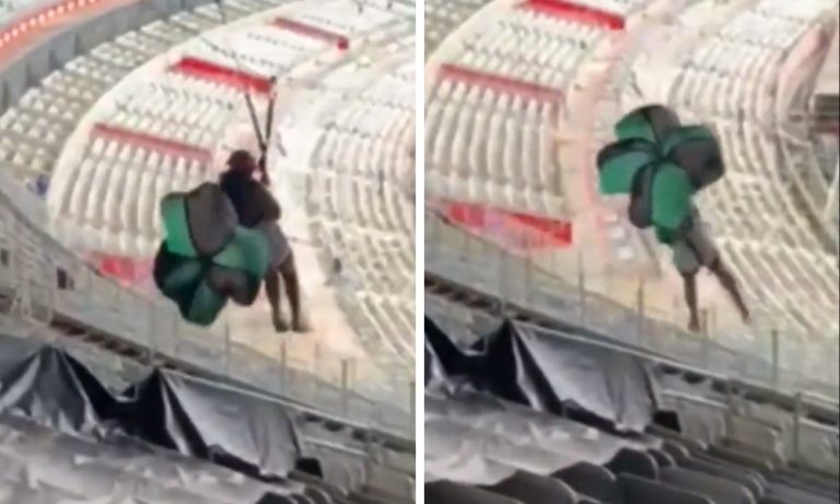 Menina despenca de tirolesa em estádio de futebol. Veja vídeo