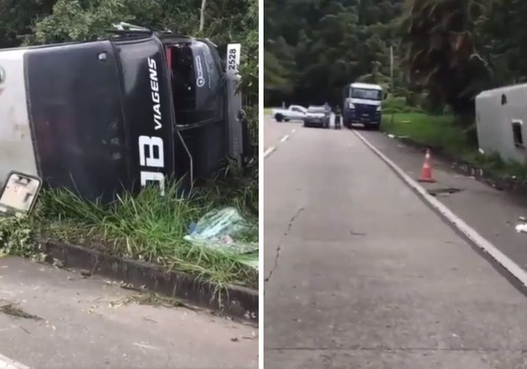Ônibus de turistas tomba na Serra de Petrópolis e deixa dois feridos graves