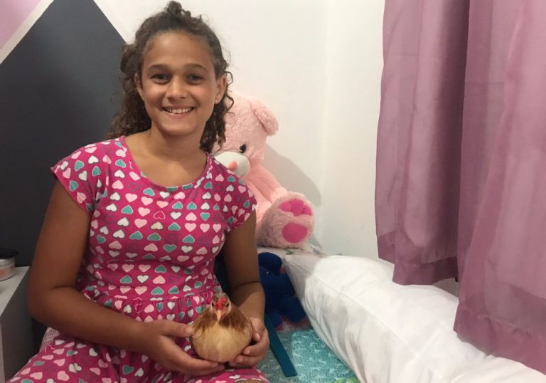 Menina do ES adota galinha como melhor amiga