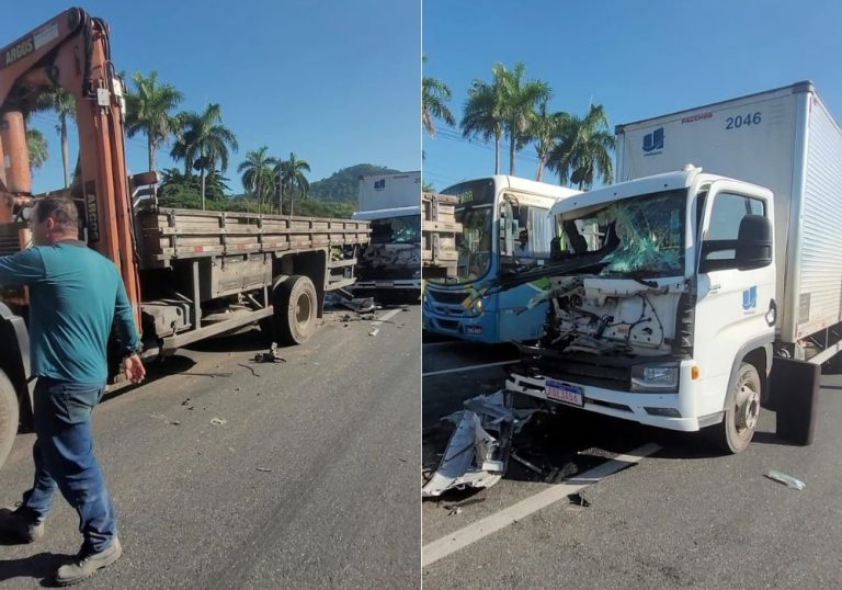 Acidente entre dois caminhões deixa o trânsito lento na BR-101 em Viana