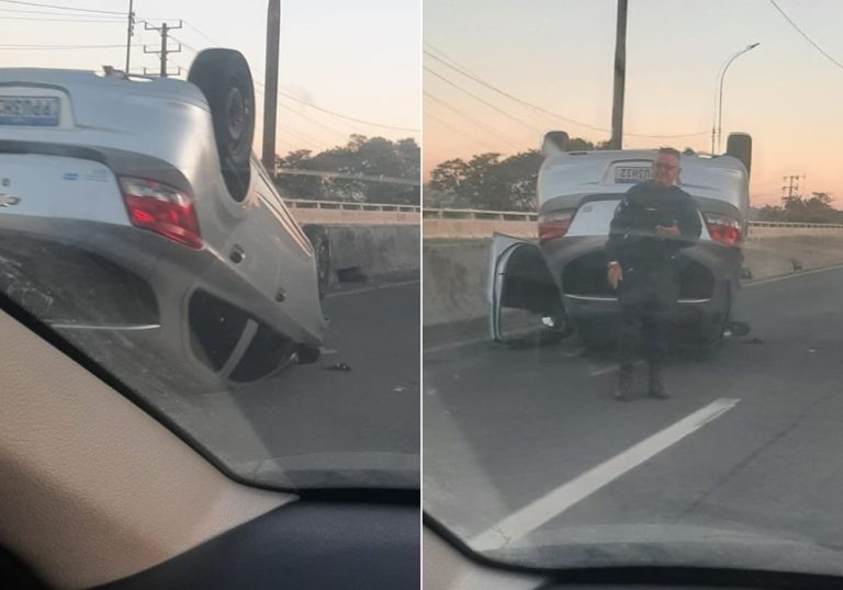 Carro capota na Segunda Ponte e complica trânsito
