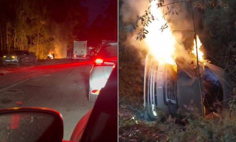 Carro de luxo pega fogo após acidente com caminhonete na BR-262 no ES