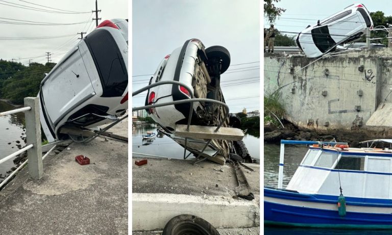 FOTOS | Carro de médica capota e fica pendurado em ponte de Vitória