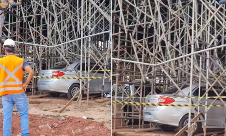 Motorista perde controle de carro e bate em obra do viaduto de Carapina