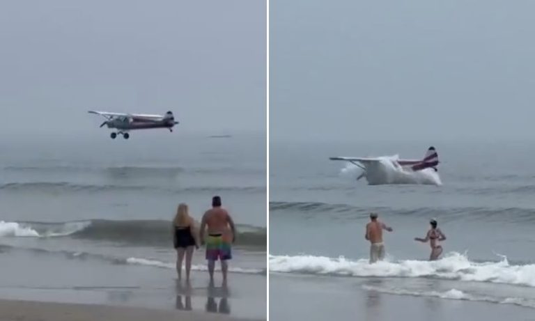 Avião faz pouso forçado e capota perto de banhistas nos EUA. Veja vídeo