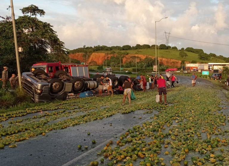 Caminhão com carga de laranjas capota na BR-101