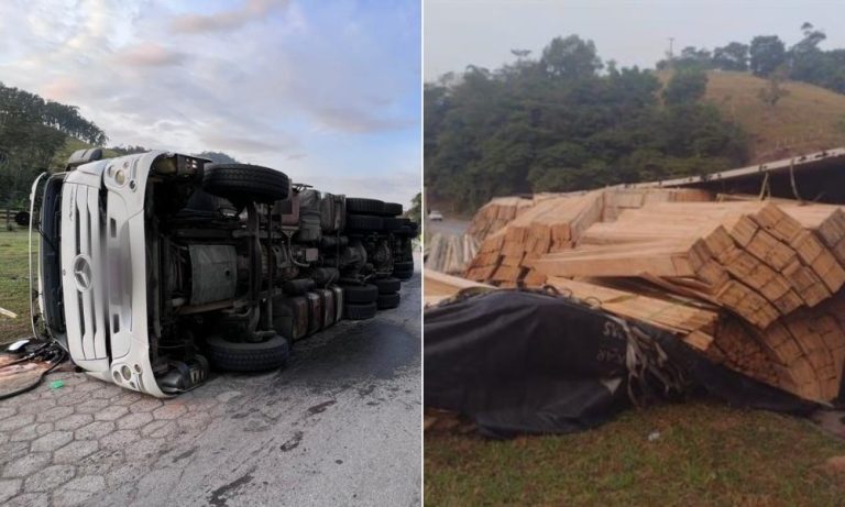 Motorista tem mal súbito e carreta com madeira tomba na BR-101