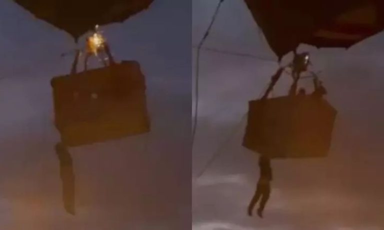 VÍDEO | Pendurado em balão, jovem cai de 3 metros de altura