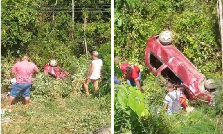 Carro capota e cai em ribanceira às margens da BR-101 em Cariacica