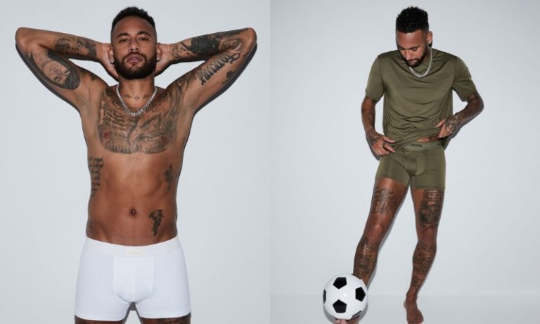 De cueca, Neymar estrela campanha da marca de Kim Kardashian