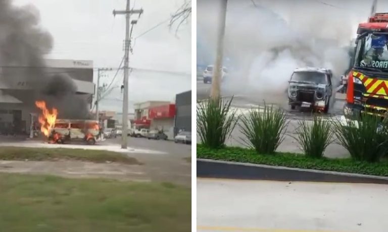 VÍDEO | Kombi pega fogo após abastecer em posto de combustíveis no ES