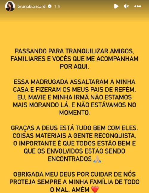 Bruna Biancardi se pronuncia após casa dos pais ser roubada