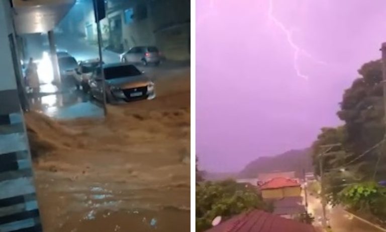 Chuva forte provoca alagamentos e faz parte de rua ceder no ES
