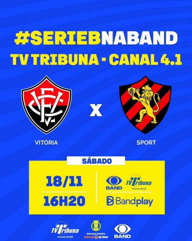 TV Tribuna/Band transmite ao vivo Vitória/BA x Sport neste sábado à tarde