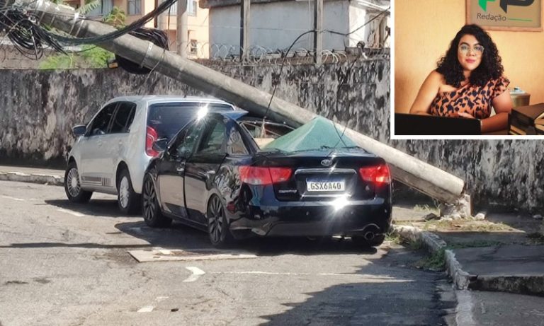 Poste cai, atinge carro e causa prejuízo em Guarapari