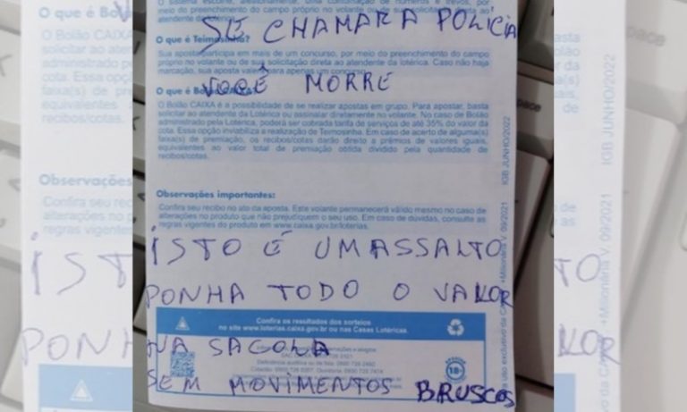 Homem usa bilhete para anunciar assalto em casa lotérica na Bahia