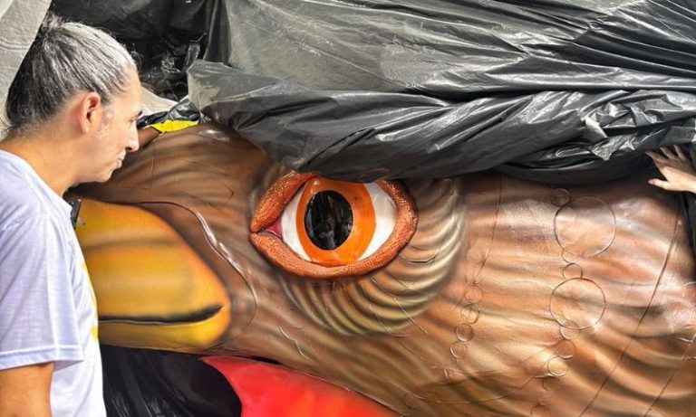 Mistério: Galo Gigante da Paz 2024 exibe olhar singular em preparação para Carnaval