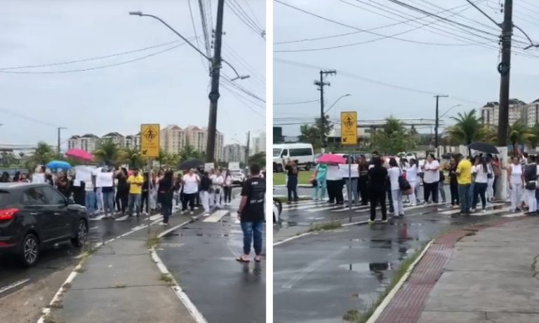 Técnicos de enfermagem realizam protesto em frente ao Hospital Jayme Santos Neves