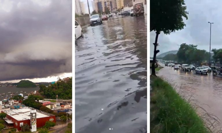 Tarde “vira noite” com fortes chuvas, ruas alagadas e raios na Grande Vitória