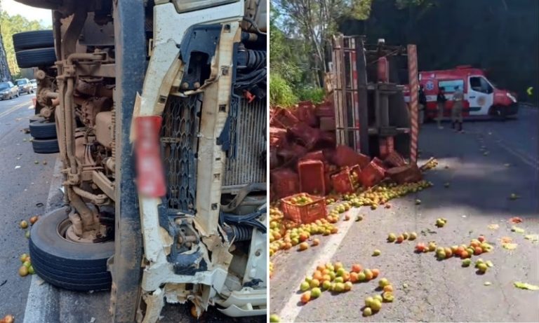 Caminhão tomba, mata motociclista e deixa BR-262 interditada