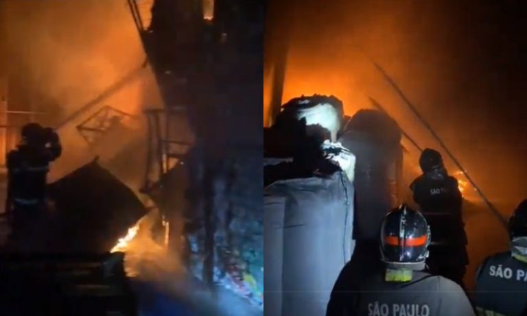 Grande incêndio atinge galpão de recicláveis em Guarulhos