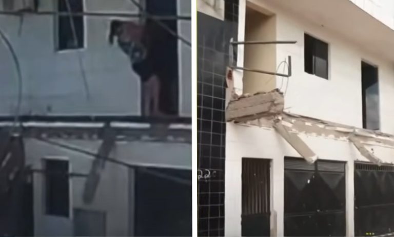 Marquise desaba e mulher cai com criança no colo