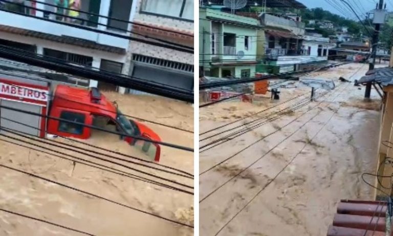 VÍDEO | Viatura do Corpo de Bombeiros é arrastada pela chuva em Mimoso do Sul