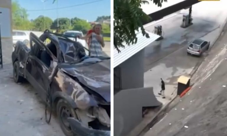 Carro despenca de pedra e cai em posto de combustíveis em rodovia no ES