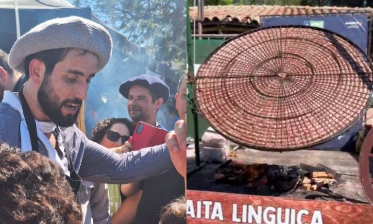 Matteus, do BBB 24, é recebido com a maior linguiça do mundo em Alegrete