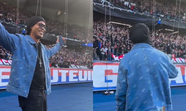 Ronaldinho Gaúcho marca presença em PSG x Barcelona e é ovacionado