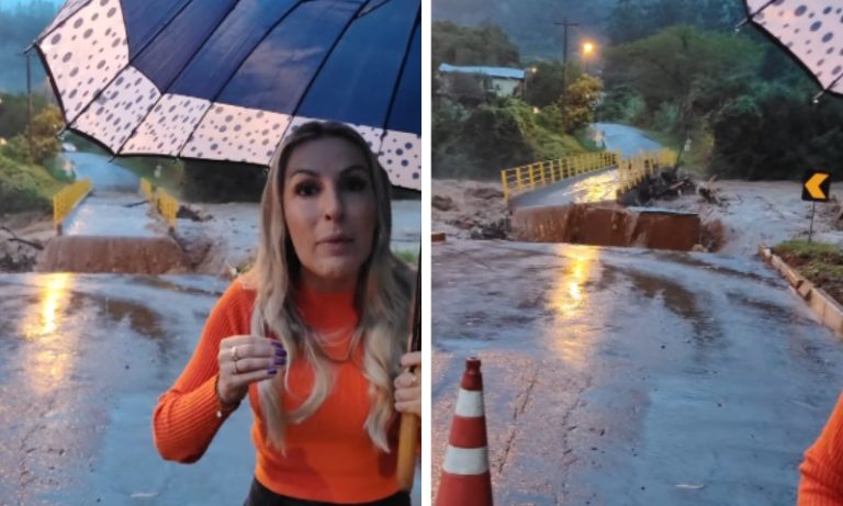 VÍDEO | Ponte é arrastada pela correnteza enquanto prefeita narra situação no RS