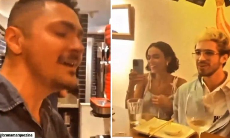 Bruna Marquezine e João Guilherme recebem serenata durante jantar em restaurante