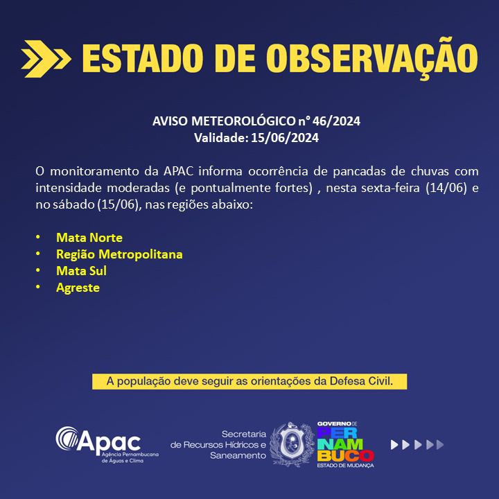 Previsão de chuvas moderadas a fortes para o litoral e Agreste pernambucano