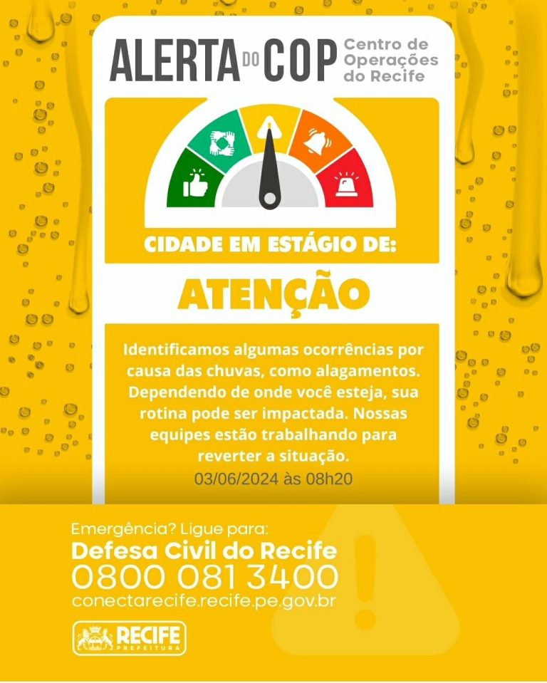 Recife entra em estágio de “atenção” por conta das chuvas