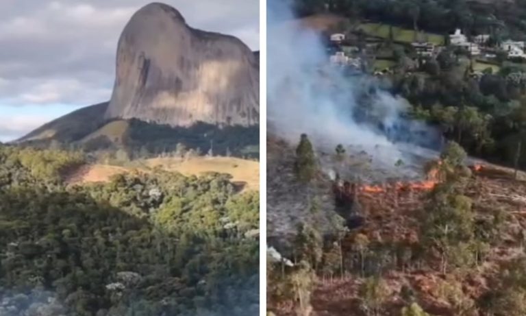 Bombeiros combatem incêndio em vegetação em Pedra Azul