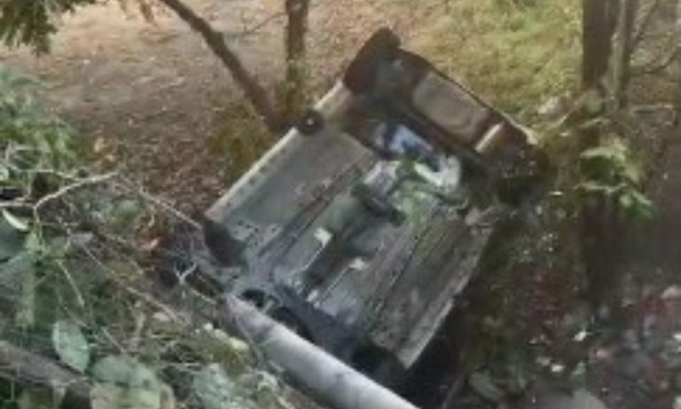 Carro cai de barranco e invade terreno na Curva do Saldanha em Vitória